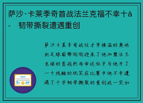 萨沙·卡莱季奇首战法兰克福不幸十字韧带撕裂遭遇重创 萨沙·卡莱季奇首战法兰克福不幸十字韧带撕裂遭遇重创