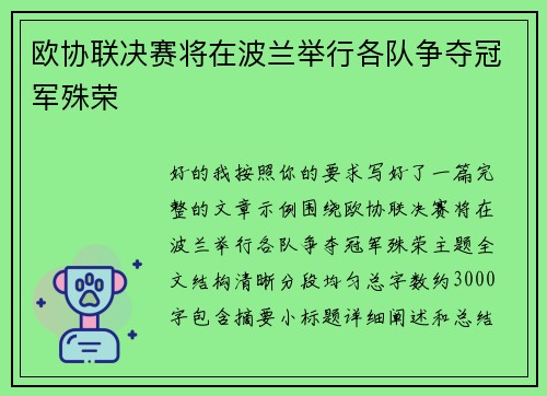 欧协联决赛将在波兰举行各队争夺冠军殊荣 欧协联决赛将在波兰举行各队争夺冠军殊荣