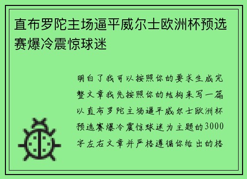 直布罗陀主场逼平威尔士欧洲杯预选赛爆冷震惊球迷 直布罗陀主场逼平威尔士欧洲杯预选赛爆冷震惊球迷